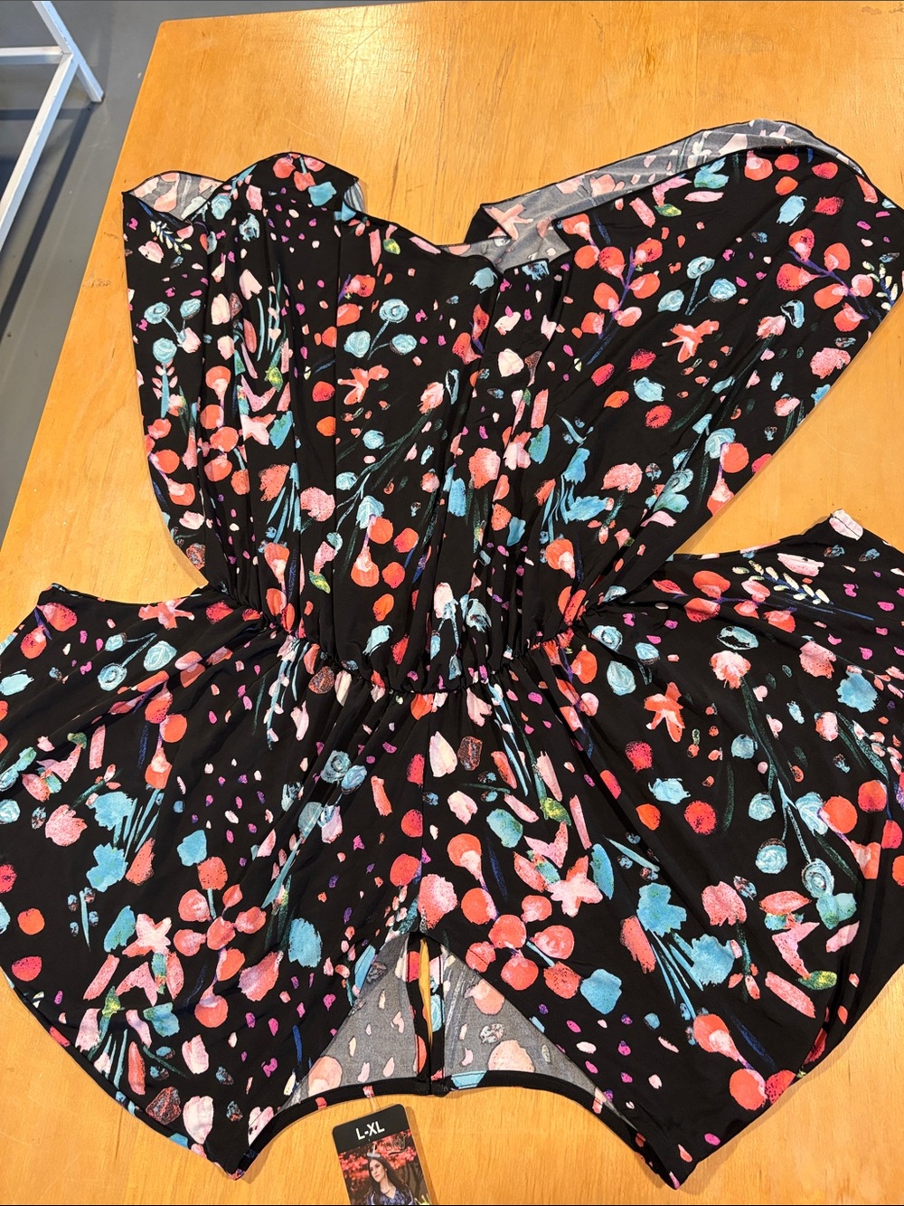 Lildy ~ Black Floral-Print Casual Women's Top Coral & Aqua Handkerchief Hem